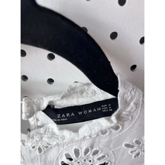 Zara Woman M White Ruffle Eyelet Boho Long SLV Top Shirt Blouse - Picture 2 of 7